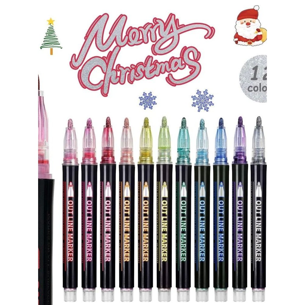 12 Colors Metallic Double Line Glitter Pens Set Christmas Gi
