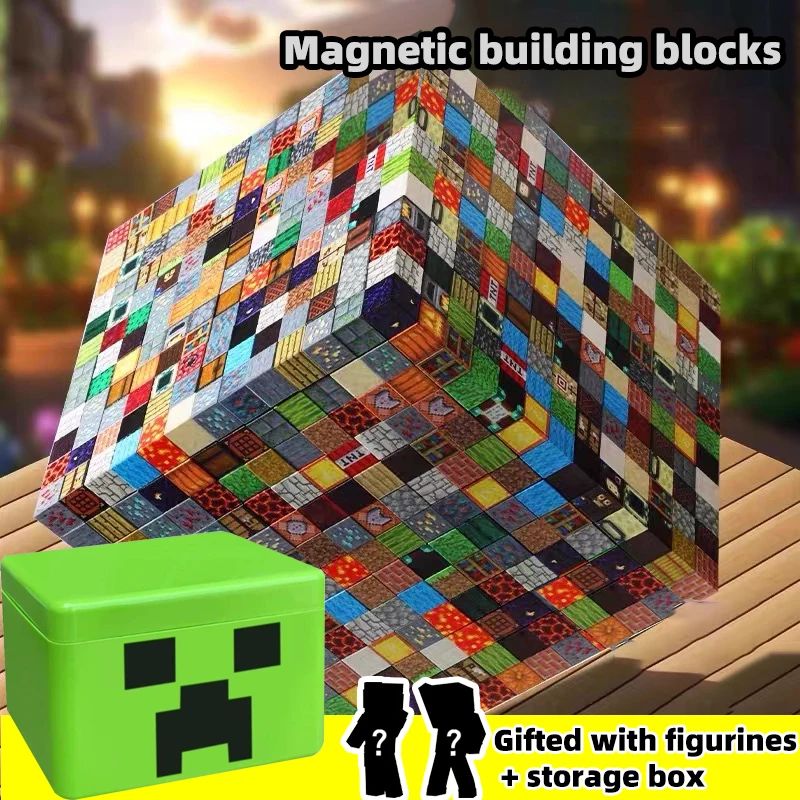 Magnetic building block toy storage box set, with figurines