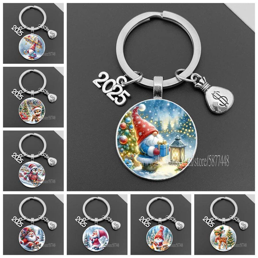 2025 New Year Keychain Santa Claus Elk Element Glass Keychai