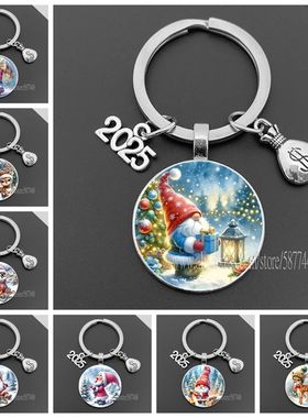 2025 New Year Keychain Santa Claus Elk Element Glass Keychai