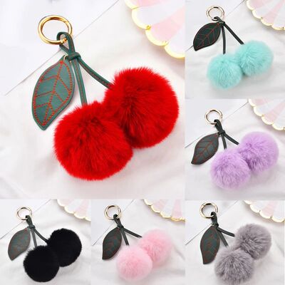 New Plush Cherry Keycha for Women Girls Fluffy Key Chain Rin