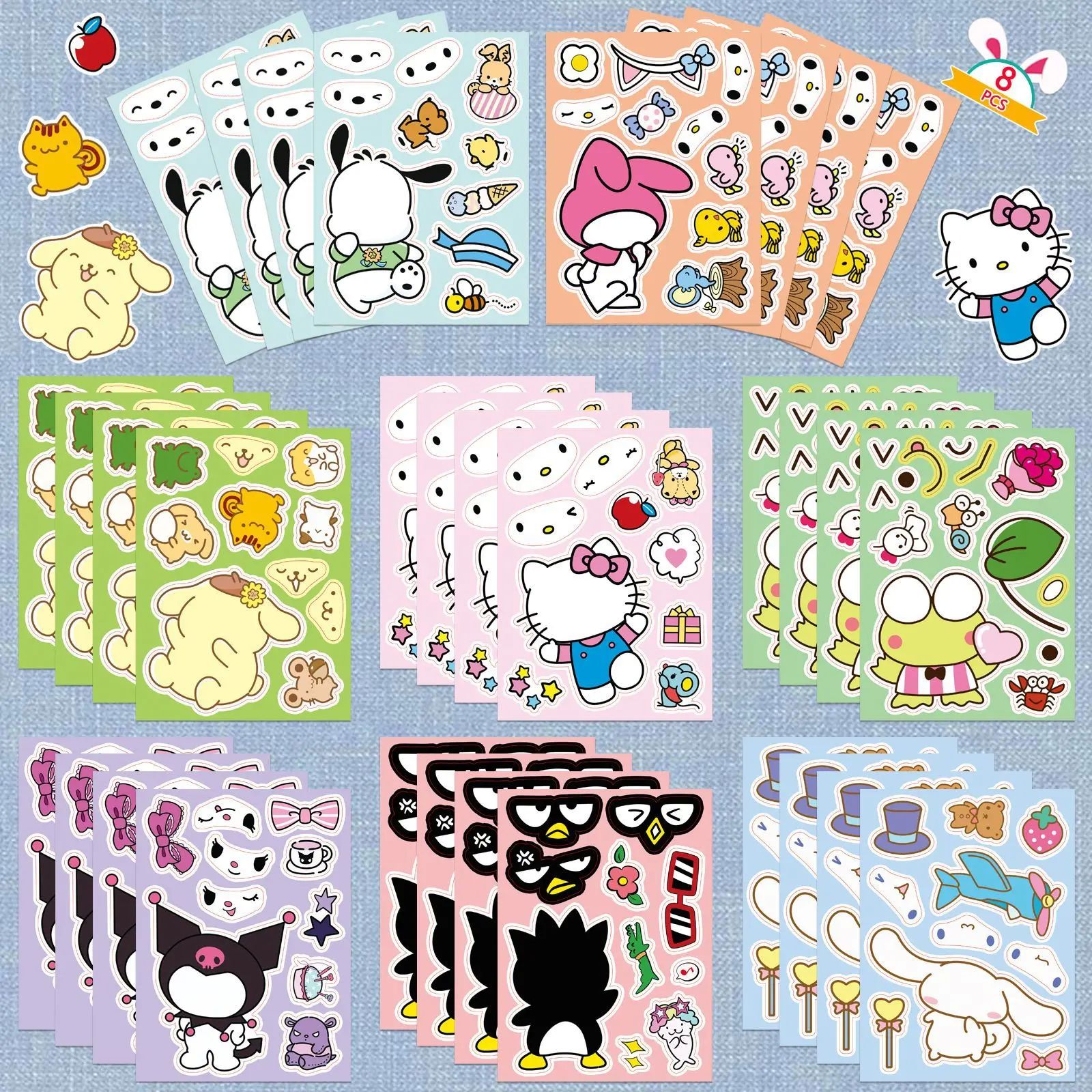 8Sheets Mix Kuromi Hello Kitty Children Puzzle Sanrio Sticke