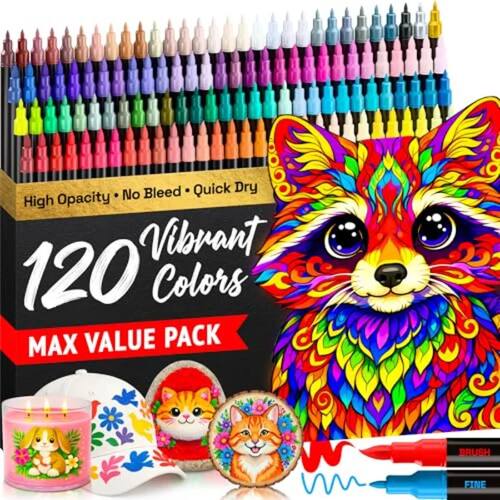 120 Acrylic Paint Pens - Dual Tip Brush + Fine Ideal for Cal