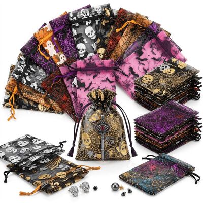 50Pcs Colorful Halloween Organza Gift Bags Skull Spider Web