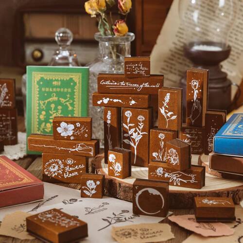 Yoofun 6pcs/box Vintage Stamps with Flower Plants Wooden Rub