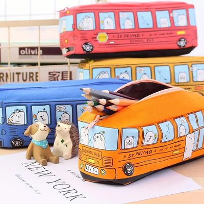 1pc Creative Large Capacity Canvas School Bus Pencil Case Pe