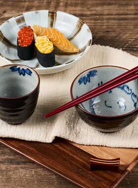 日本原装进口有田烧石丸陶艺釉下彩冰裂纹陶瓷饭碗茶碗茶杯黑兔