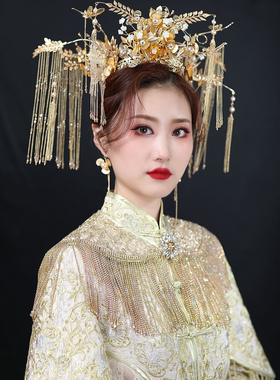 中式新娘头饰金色凤冠大气秀禾服发饰品古装步摇结婚礼服配饰品