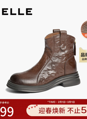 百丽复古加绒时装靴女冬季新款羊皮褶皱显瘦瘦短靴子D4L1DDD4