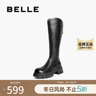 百丽显瘦V口弹力靴女2025冬新商场同款 粗跟增高弹力高靴E5F1DDG5