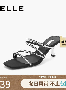 百丽钻带一字拖鞋女鞋子夏季新款法式绝美细高跟鞋3YUC9BT4