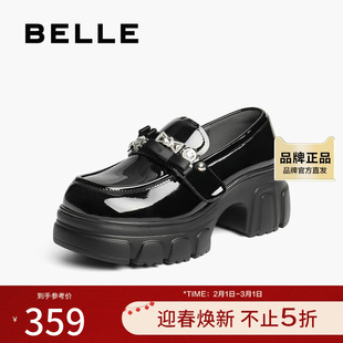 百丽时尚蝴蝶结水钻乐福鞋女2025秋新厚底增高jk乐福鞋B2792CM5