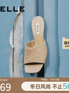 百丽编织凉拖可外穿拖鞋女鞋子夏季新款度假高跟拖鞋BZ430BT4