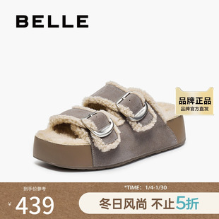 百丽复古双饰扣勃肯鞋女2025冬新舒适毛里厚底拖鞋B2832DT5