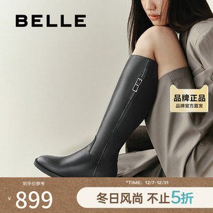 百丽复古高长靴骑士靴女靴冬季 真皮显瘦长筒靴子3NF73DG4 新款