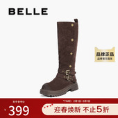 百丽复古绒面西部靴女2025冬新厚底增高潮流双饰扣高筒靴B2825DG5