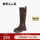 百丽复古绒面西部靴女2025冬新厚底增高潮流双饰扣高筒靴B2825DG5
