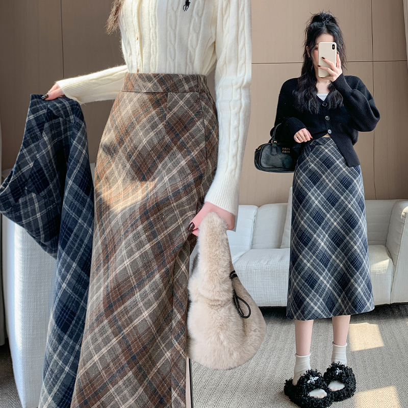 实拍大码胖MM冬季韩版毛呢高腰长裙chi格子中长半身裙女