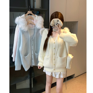 实拍纯欲大毛领连帽毛绒毛衣外套大码 小香风 秋冬慵懒宽松针织开衫