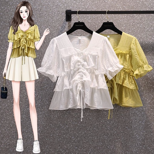 衬衣M 高级感荷叶边抽绳显柔美短袖 4XL200斤 胖妹妹大码 实拍夏装