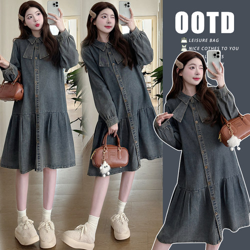 实拍 孕妇装秋冬款牛仔百褶连衣裙