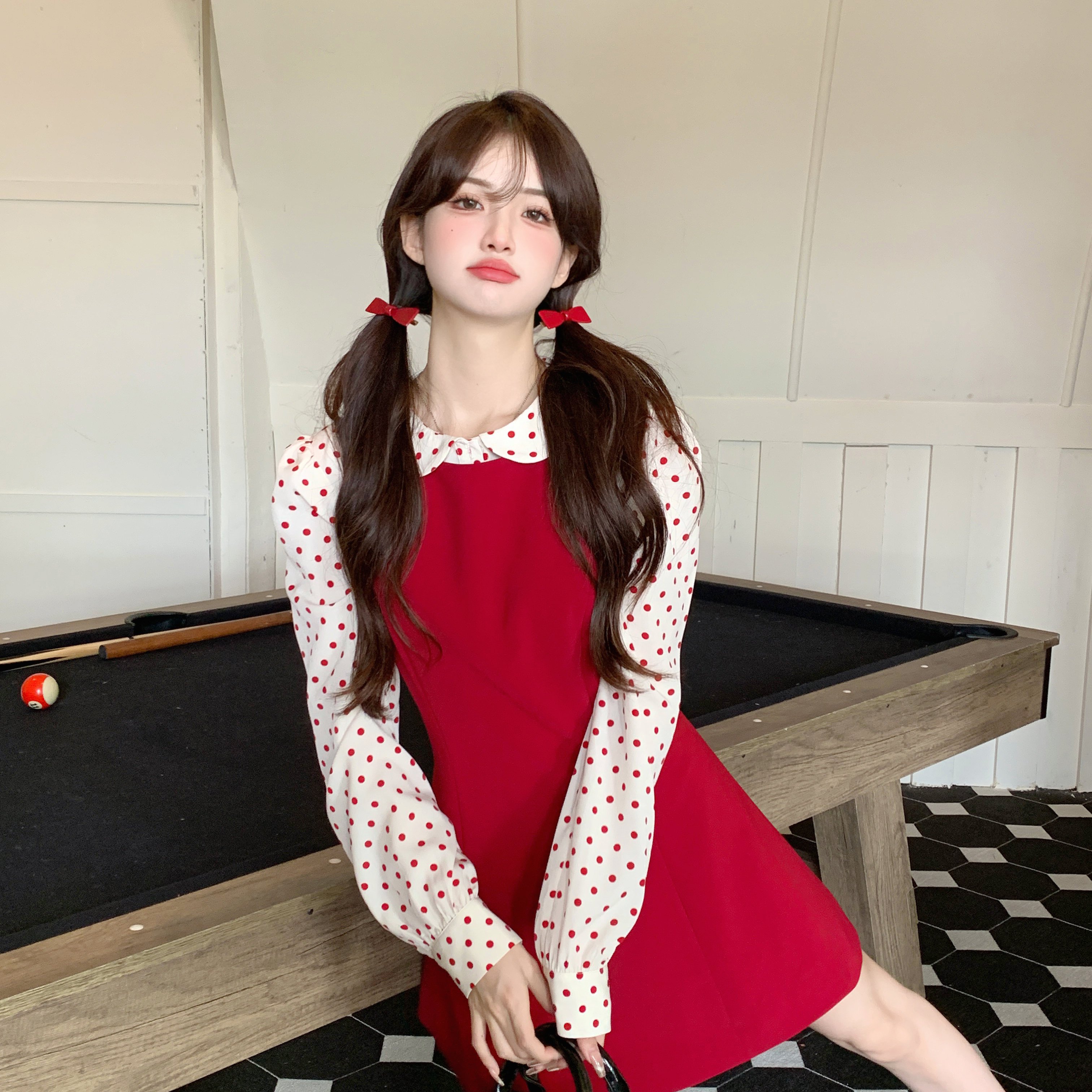 实拍大码秋假两件波点多巴胺淑女套头连衣裙修身显瘦娃娃领甜美