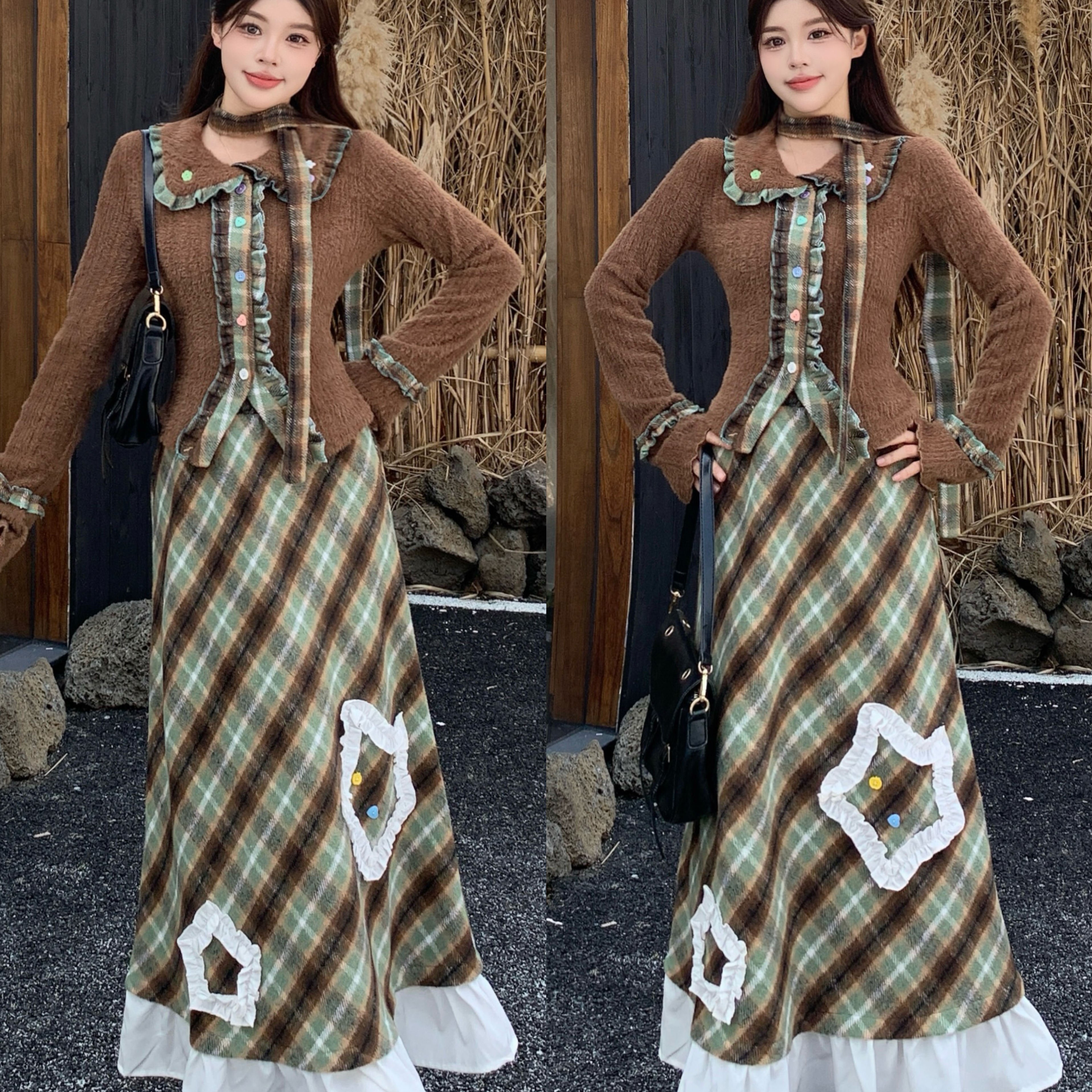 大码可可松露甜美风套装毛针织开衫上衣女秋冬格纹绣花长裙两件套