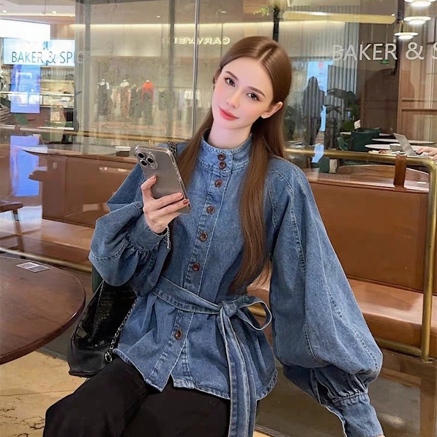 春季新款港味复古轻奢绑带收腰立领灯笼袖显瘦百搭牛仔上衣