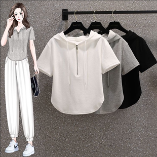 T恤M 实拍夏季 别致连帽拉链辣妹高腰纯棉短袖 女装 4XL200斤 大码