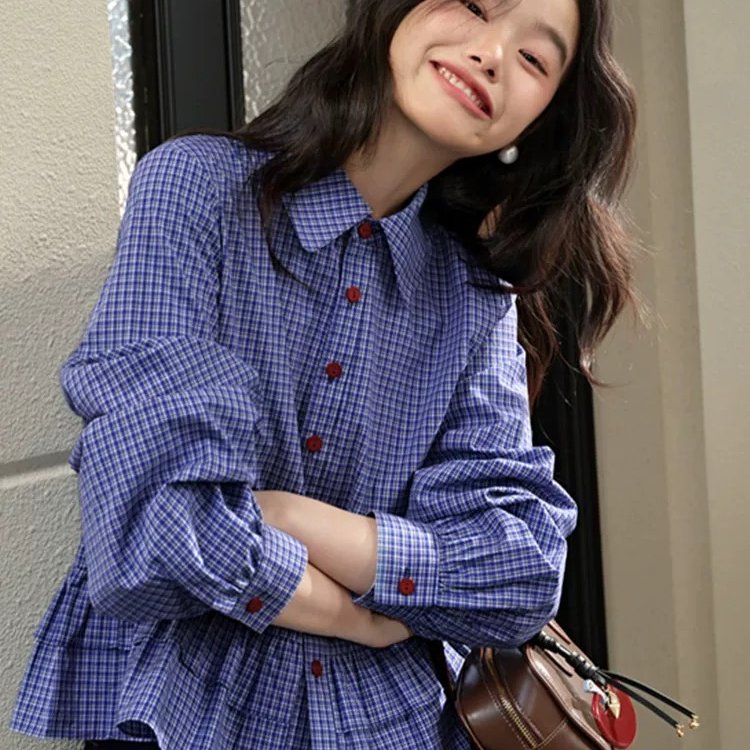阔色miu系蓝色格子衬衫女2025春季新款荷叶边长袖衬衣上衣短款秋
