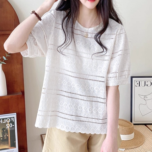 夏装 蕾丝衬衫 韩国chic设计气质花朵镂空短袖 4XL200斤 大码