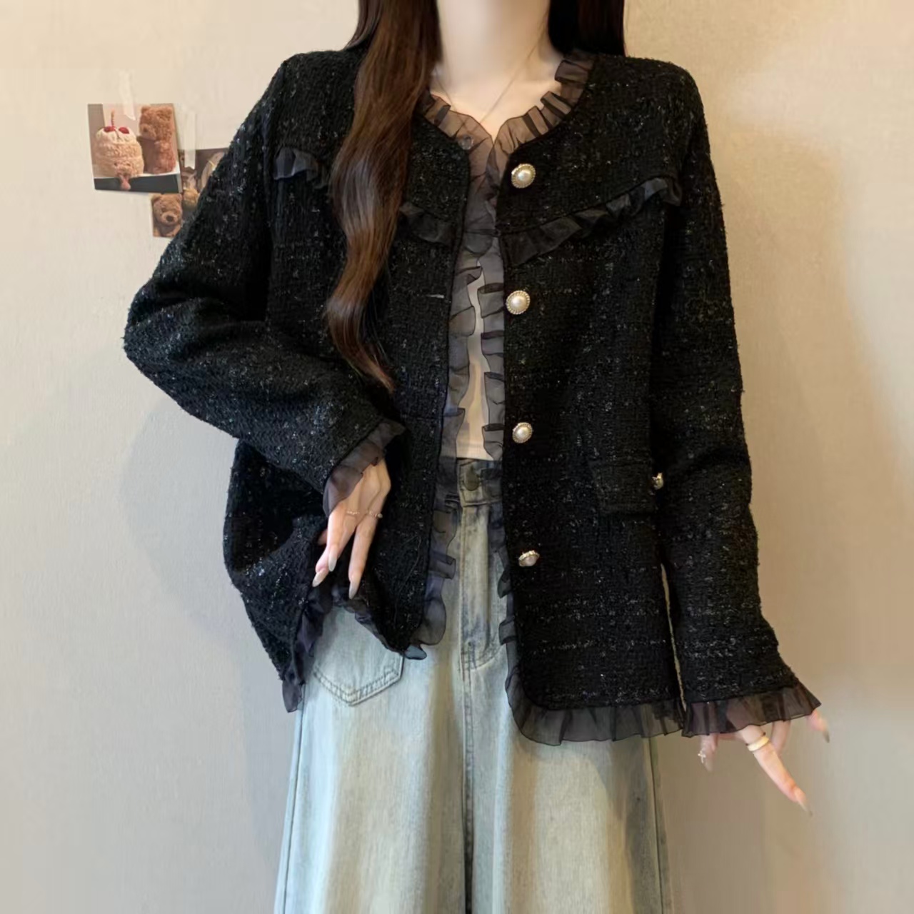 实拍～荷叶边长袖小香风外套胖妹妹2025秋季款显瘦百搭洋气上衣