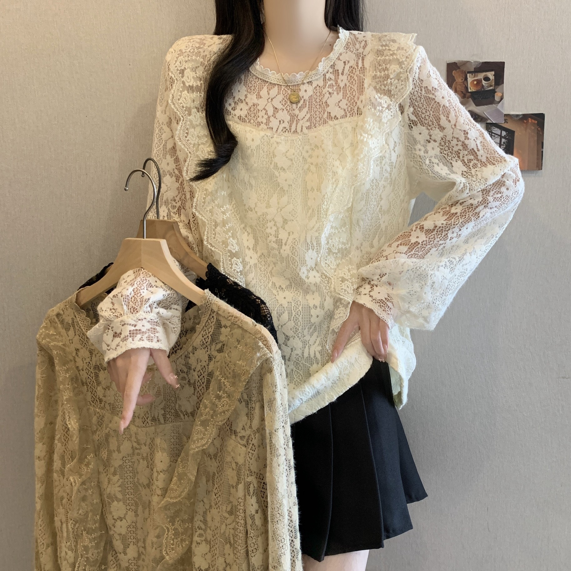 秋冬新款大码女装微胖mm气质法式蕾丝拼接加绒长袖内搭外穿打底衫