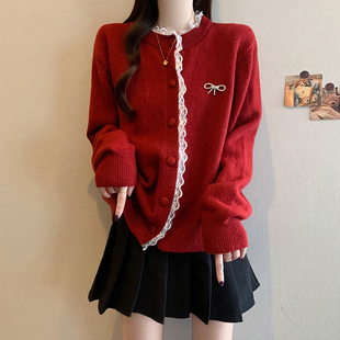 新款 设计蕾丝花边拼接针织开衫 大码 时尚 毛衣外套 女装 实拍2025冬季