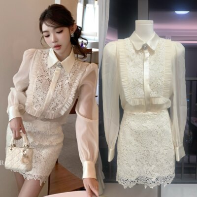 LDTJ原创 韩女香气/高知OL温柔名媛重工蕾丝绣上衣半裙气质套装秋