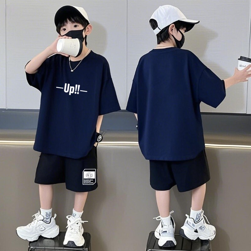 纯棉短袖短裤男童套装运动时尚儿童宽松圆领夏季新款中大童两件套