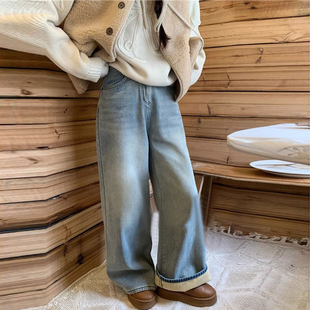浅色复古加绒直筒牛仔裤女2026春秋新款高腰宽松显瘦加厚拖地裤子