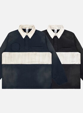 2025春夏新品欧美潮牌水洗做脏破坏拼接翻领polo长袖男