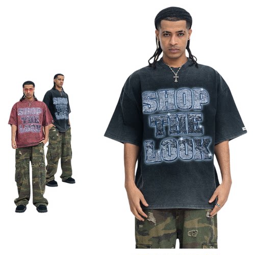 shop the look重磅做旧复古T恤红色洗水美式潮牌文字印花数码