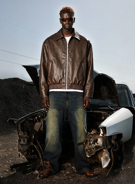 皱感皮拉链夹克外套25秋冬新品美式复古工装街头上衣