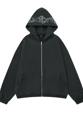 刀尖舞者主题印花复古洗水做旧手工磨破拉链帽衫