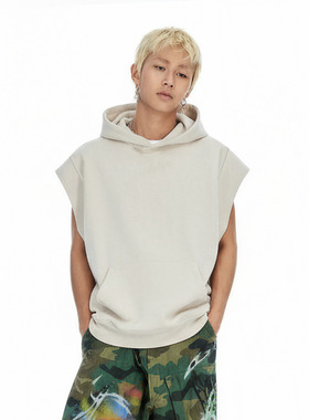 街头卷边无袖连帽卫衣25秋季新品欧美重磅坎肩马甲背心