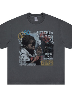 2026春夏新款美式复古新款潮牌小孩祈祷印花短袖T恤男女