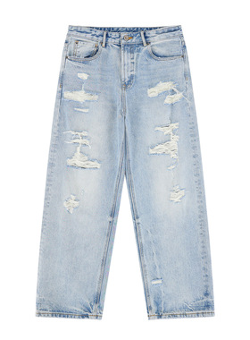 2025秋冬新款美式复古水洗做旧破洞直筒宽松阔腿牛仔裤