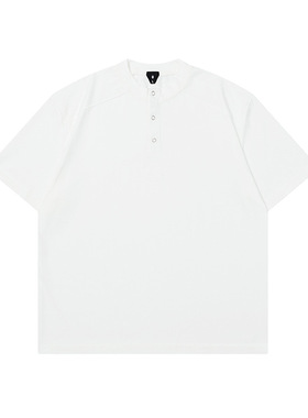 双纱230g复古水洗重磅t恤2025新款亨利领拼接简约男士短袖