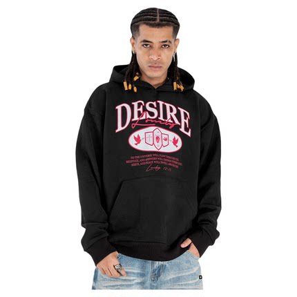 desire秋冬新款美式加绒加厚文字印花帽衫宽松潮牌高街连帽卫衣