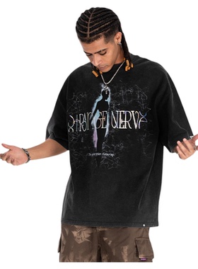 美式复古300g高克重水洗做旧彩色反光膜直喷印花宽松短袖T