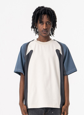 春夏新品潮牌日系凉感网眼运动面料拼接拼色短袖T恤