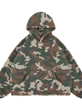 2025秋冬新款美式复古迷彩羊羔绒连帽卫衣套头帽衫外套