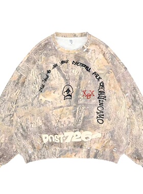 2025秋冬新款欧美潮牌迷彩磨边割破发泡刺绣毛圈圆领卫衣